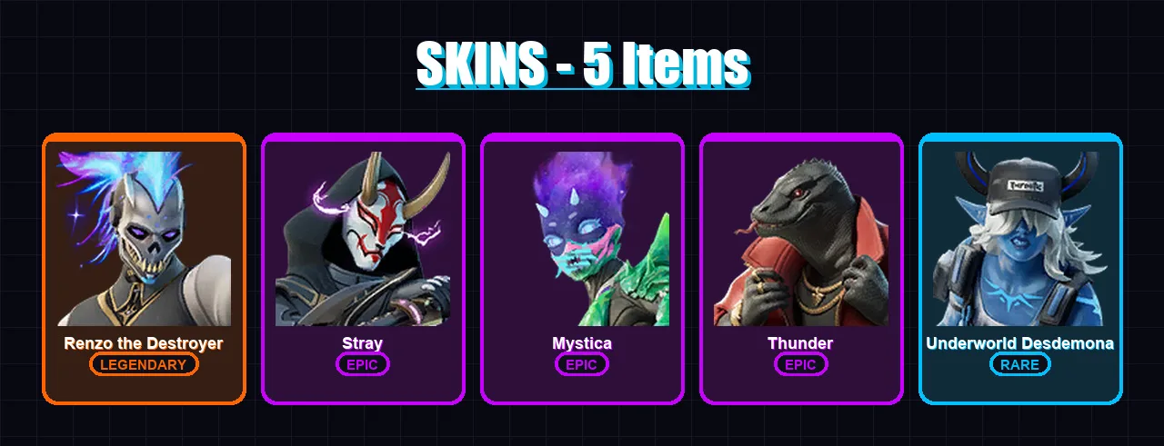 [PC/XBOX/PSN] | Renzo the Destroyer | Stray | Mystica | Thunder | Underworld Desdemona | 5 skin | 9 pickaxe | 11 emote | 10 glider | Lv83
