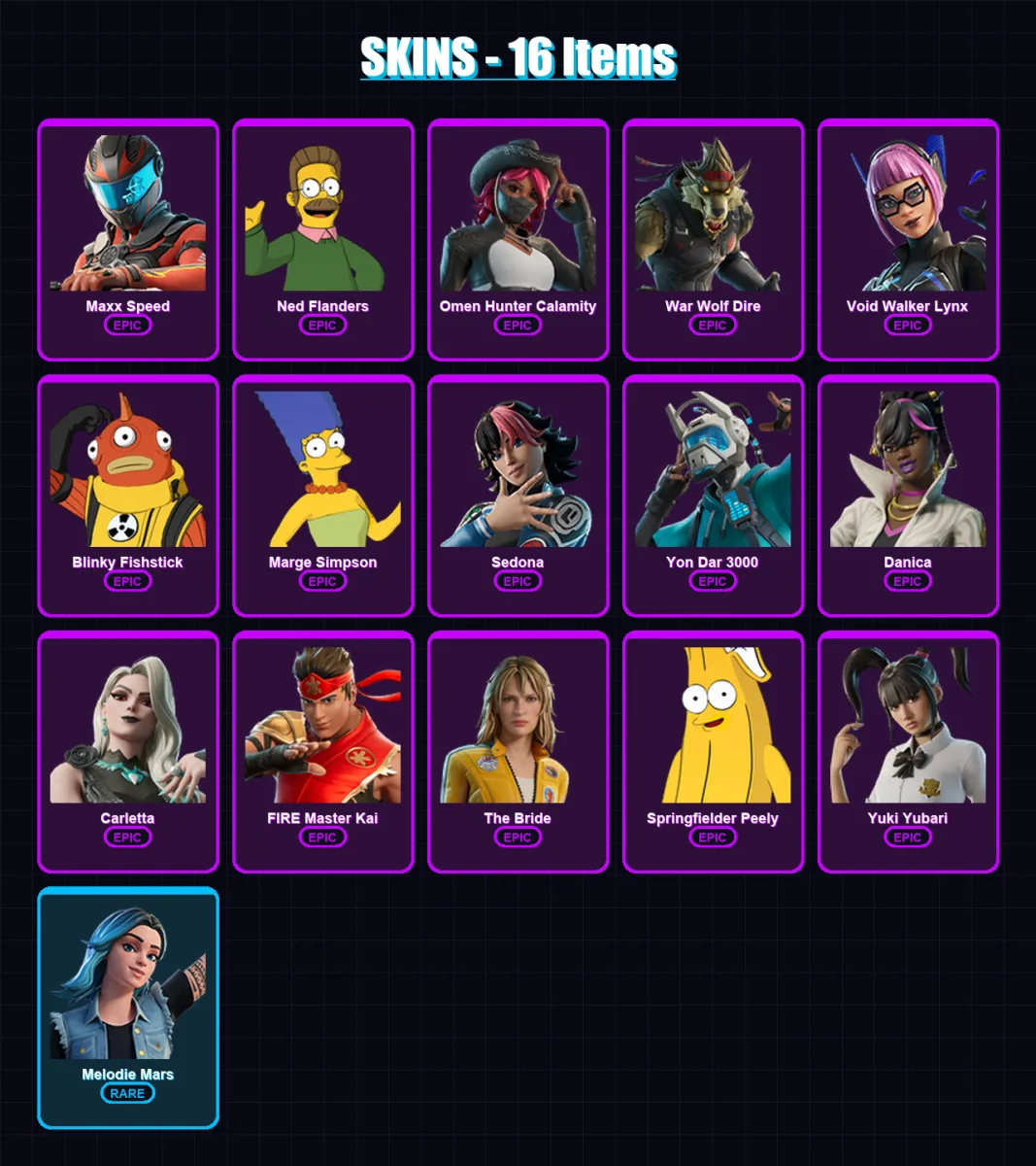 [PC/PSN] | Maxx Speed | Ned Flanders | Omen Hunter Calamity | War Wolf Dire | Void Walker Lynx | 16 skin | 15 pickaxe | 12 emote | 9 glider | Lv47