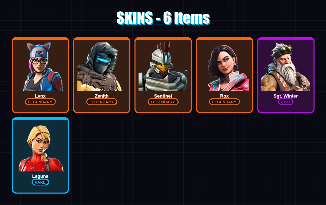 [PC/XBOX/PSN] | Lynx | Zenith | Sentinel | Rox | Sgt. Winter | 6 skin | 4 pickaxe | 6 emote | 6 glider | Lv72