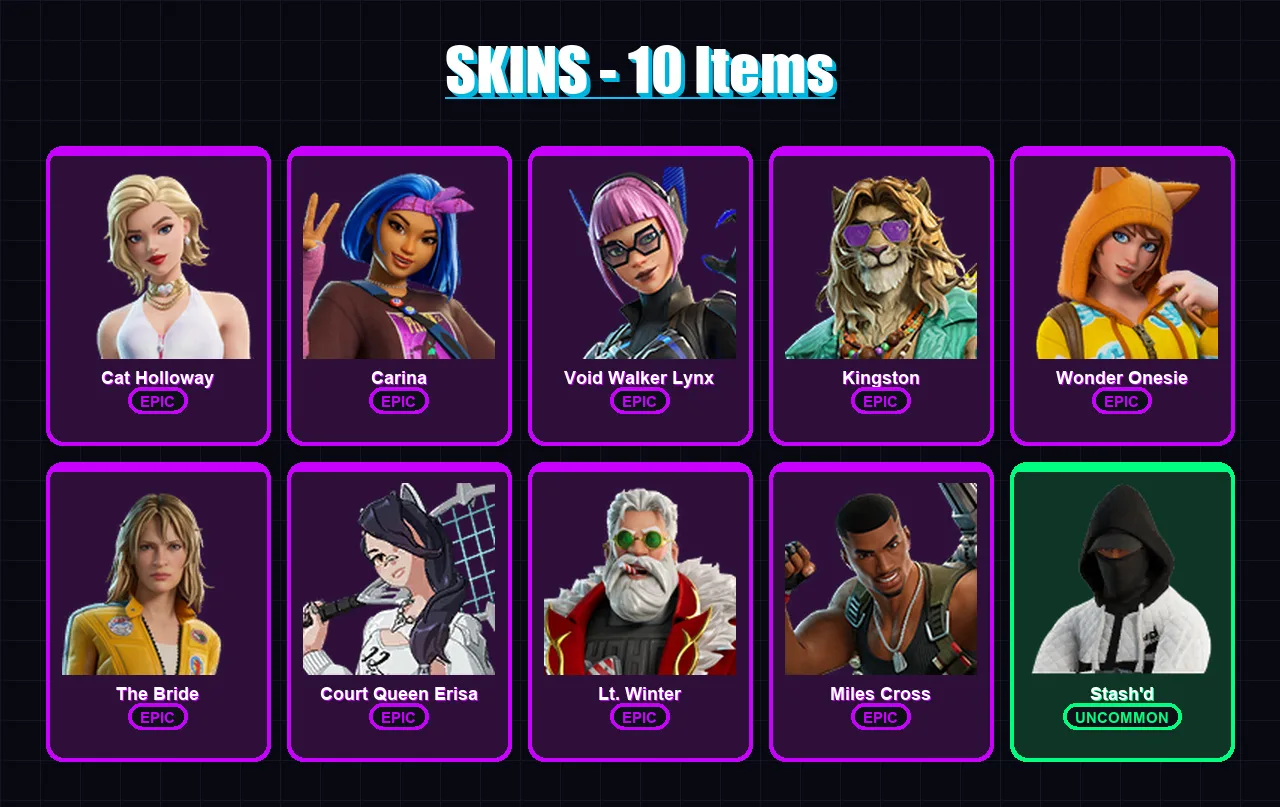 [PC/XBOX/PSN] | Cat Holloway | Carina | Void Walker Lynx | Kingston | Wonder Onesie | 10 skin | 15 pickaxe | 15 emote | 18 glider | Lv126