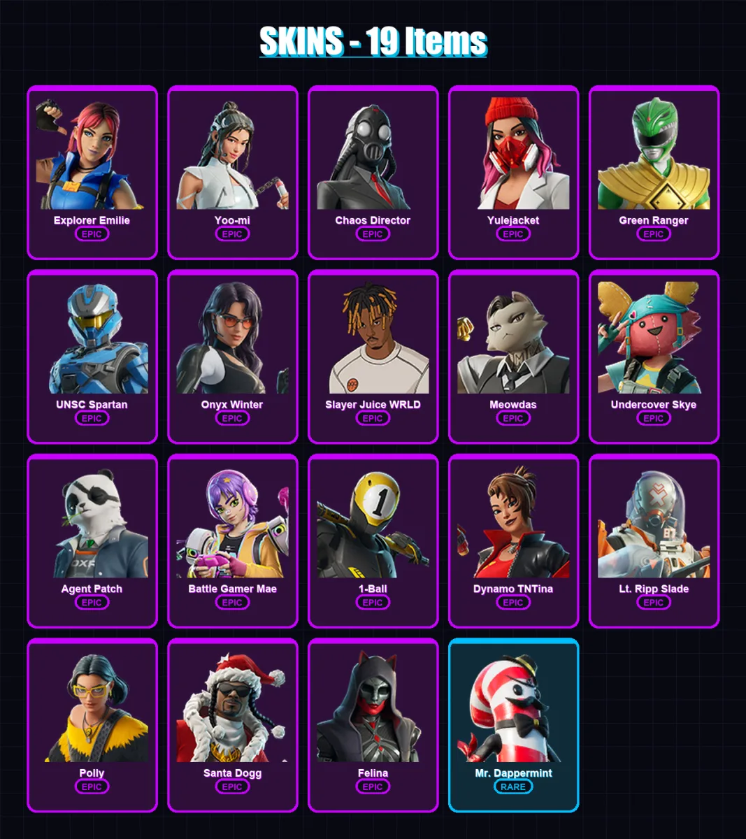 [PC/XBOX/PSN] | Explorer Emilie | Yoo-mi | Chaos Director | Yulejacket | Green Ranger | 19 skin | 71 pickaxe | 32 emote | 38 glider | Lv1154