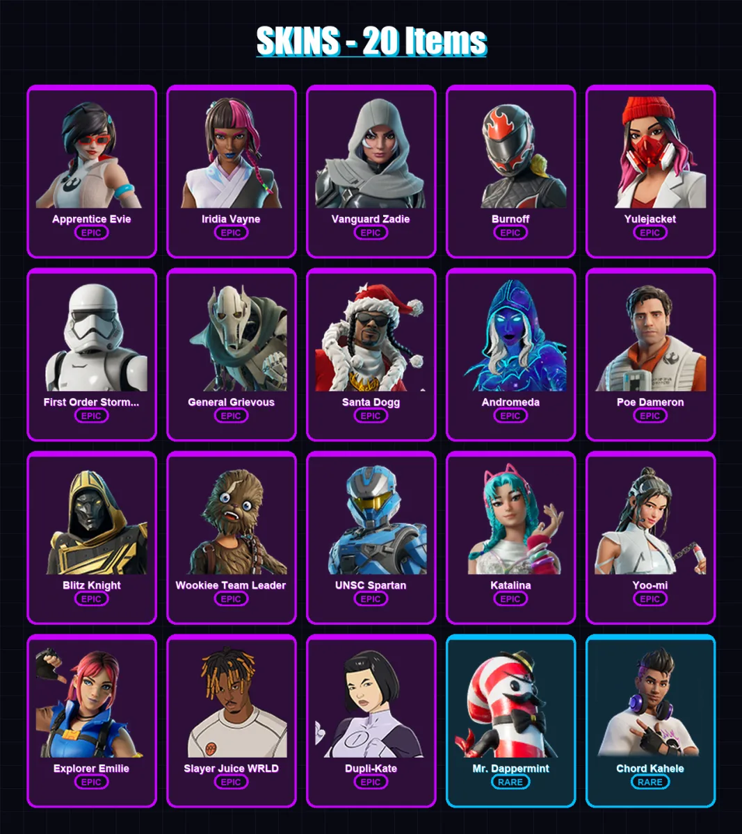 [PC/PSN] | Apprentice Evie | Iridia Vayne | Vanguard Zadie | Burnoff | Yulejacket | 20 skin | 70 pickaxe | 27 emote | 38 glider | Lv517