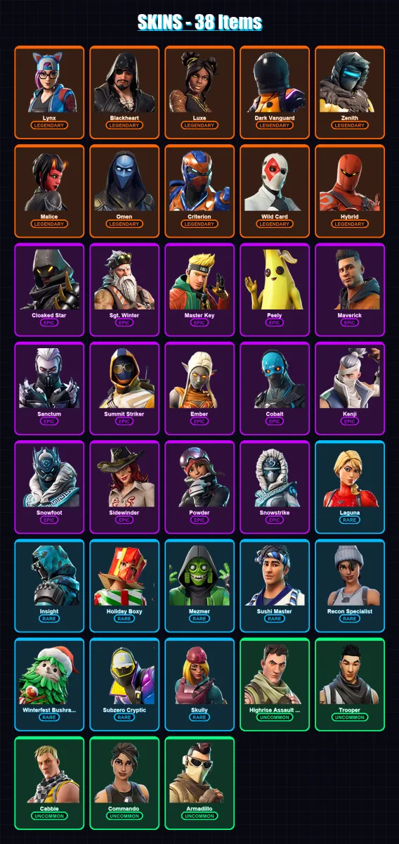 [PC/XBOX/PSN] | Lynx | Blackheart | Luxe | Dark Vanguard | Zenith | 38 skin | 22 pickaxe | 24 emote | 22 glider | Lv148