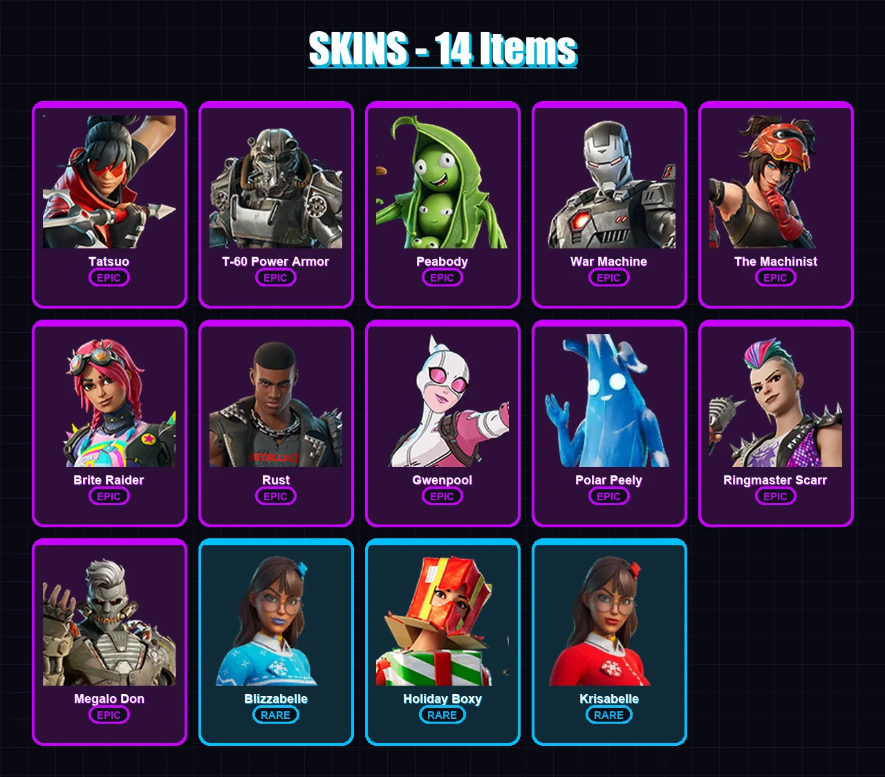 [PC/XBOX/PSN] | Tatsuo | T-60 Power Armor | Peabody | War Machine | The Machinist | 14 skin | 19 pickaxe | 14 emote | 20 glider | Lv248