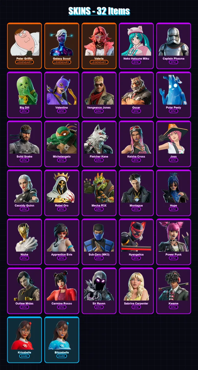 [PC] | Peter Griffin | Galaxy Scout | Valeria | Neko Hatsune Miku | Captain Phasma | 32 skin | 48 pickaxe | 54 emote | 39 glider | Lv484 — Fortnite account