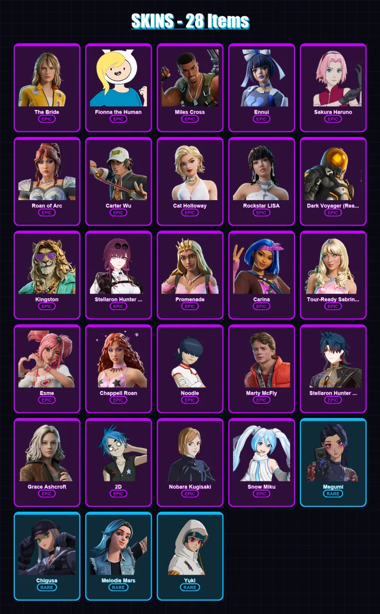 [PC/PSN] | The Bride | Fionna the Human | Miles Cross | Ennui | Sakura Haruno | 28 skin | 38 pickaxe | 54 emote | 15 glider | Lv207