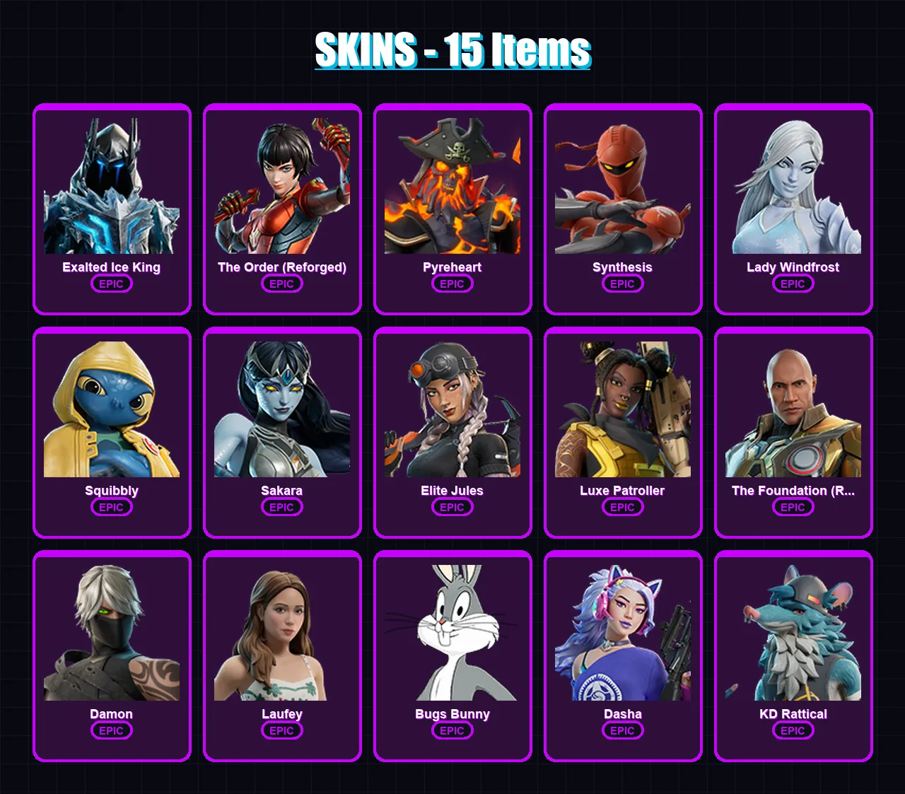 [PC/PSN] | Exalted Ice King | The Order (Reforged) | Pyreheart | Synthesis | Lady Windfrost | 15 skin | 20 pickaxe | 13 emote | 14 glider | Lv111 — Game account