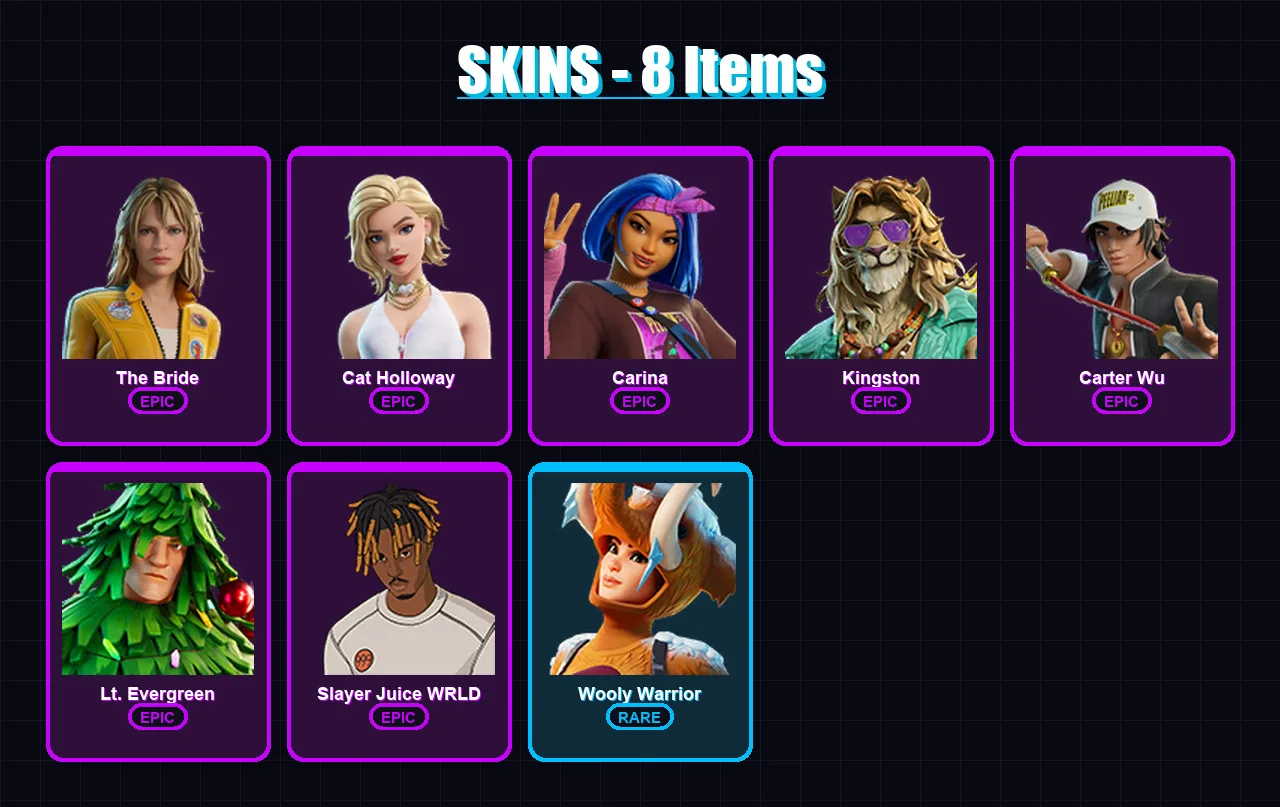 [PC/XBOX/PSN] | The Bride | Cat Holloway | Carina | Kingston | Carter Wu | 8 skin | 17 pickaxe | 16 emote | 17 glider | Lv173