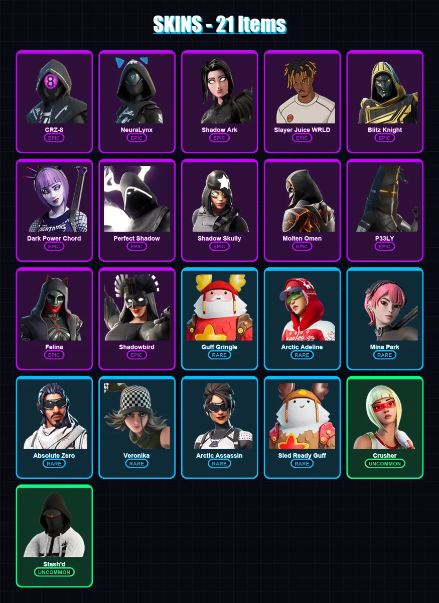 [PS4/PS5/XBOX/PC] | CRZ-8 | NeuraLynx | Shadow Ark | Slayer Juice WRLD | Blitz Knight | 21 skin | 59 pickaxe | 28 emote | 40 glider | Lv637