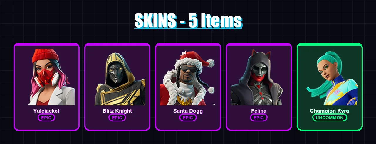 [PC/XBOX] | Yulejacket | Blitz Knight | Santa Dogg | Felina | Champion Kyra | 5 skin | 40 pickaxe | 17 emote | 27 glider | Lv364