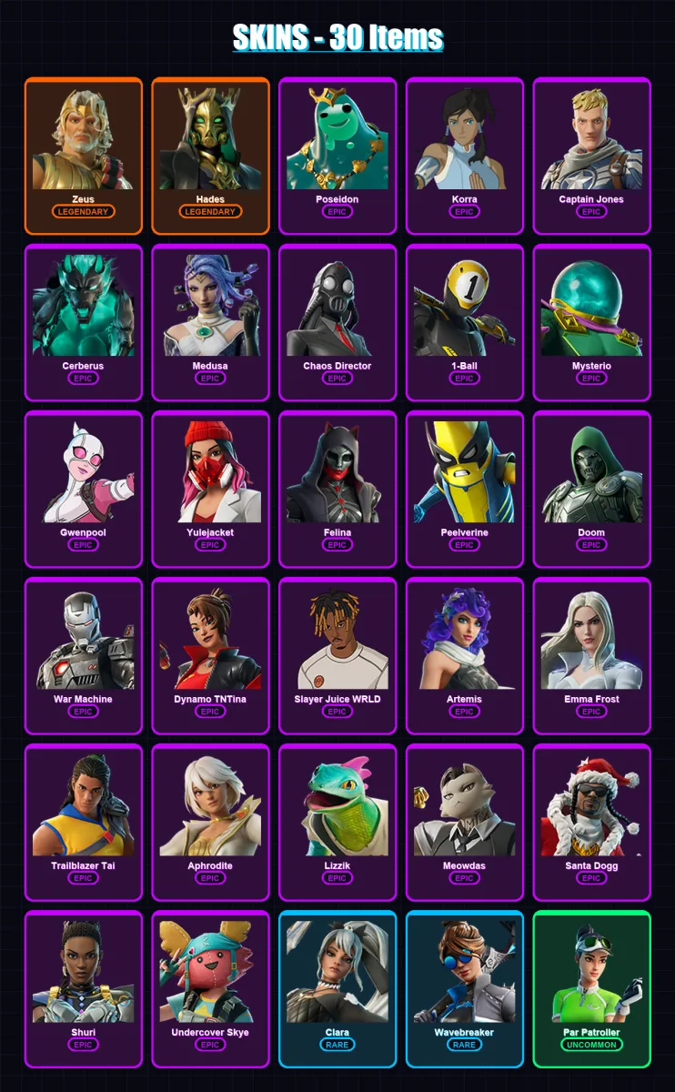 [PC/XBOX] | Zeus | Hades | Poseidon | Korra | Captain Jones | 30 skin | 74 pickaxe | 41 emote | 50 glider | Lv1194 — Fortnite account