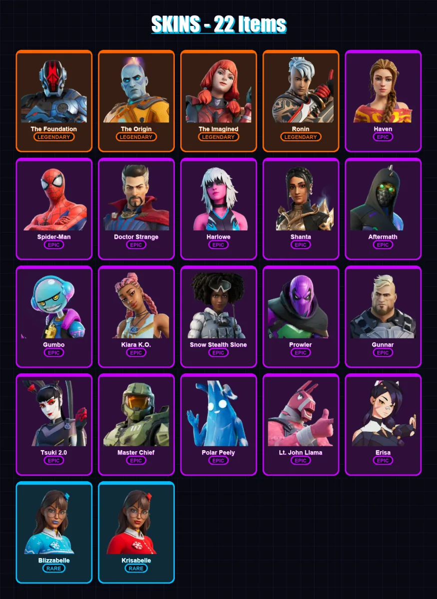 [PC/XBOX/PSN] | The Foundation | The Origin | The Imagined | Ronin | Haven | 22 skin | 24 pickaxe | 22 emote | 23 glider | Lv241