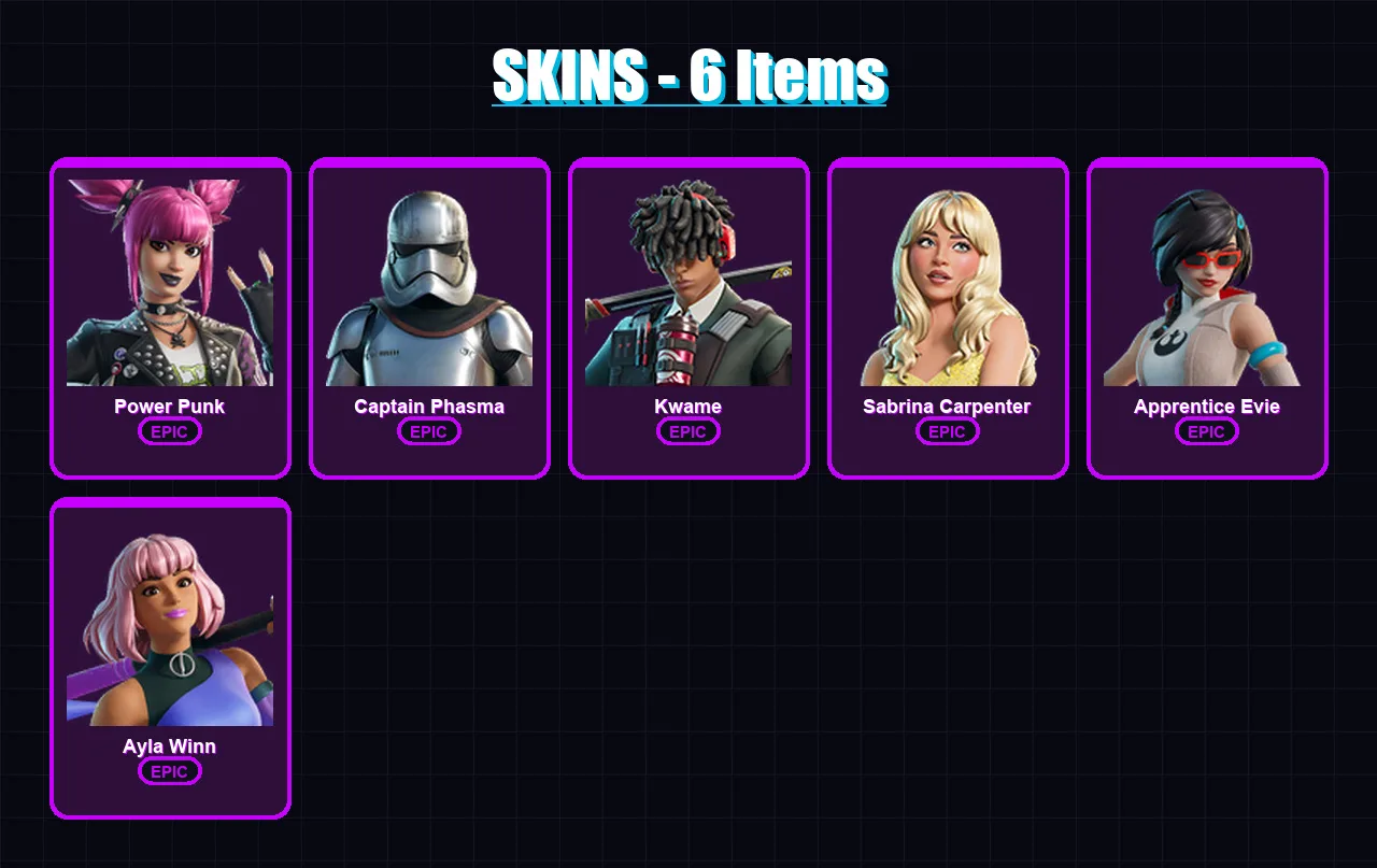 [PC/XBOX/PSN] | Power Punk | Captain Phasma | Kwame | Sabrina Carpenter | Apprentice Evie | 6 skin | 10 pickaxe | 5 emote | 4 glider | Lv26