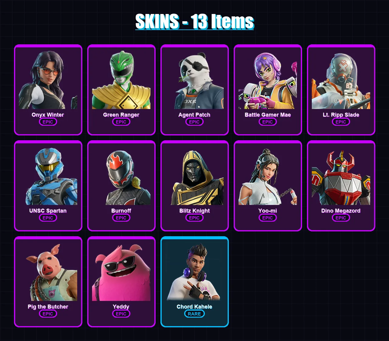 [PC/XBOX/PSN] | Onyx Winter | Green Ranger | Agent Patch | Battle Gamer Mae | Lt. Ripp Slade | 13 skin | 45 pickaxe | 25 emote | 28 glider | Lv371