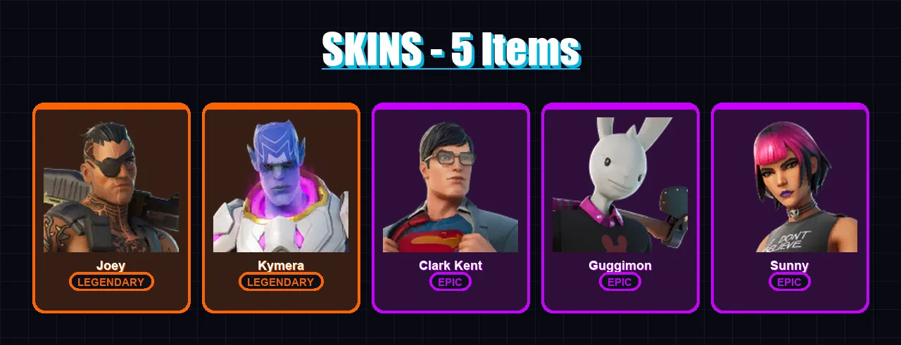 [PC/XBOX/PSN] | Joey | Kymera | Clark Kent | Guggimon | Sunny | 5 skin | 5 pickaxe | 9 emote | 6 glider | Lv73