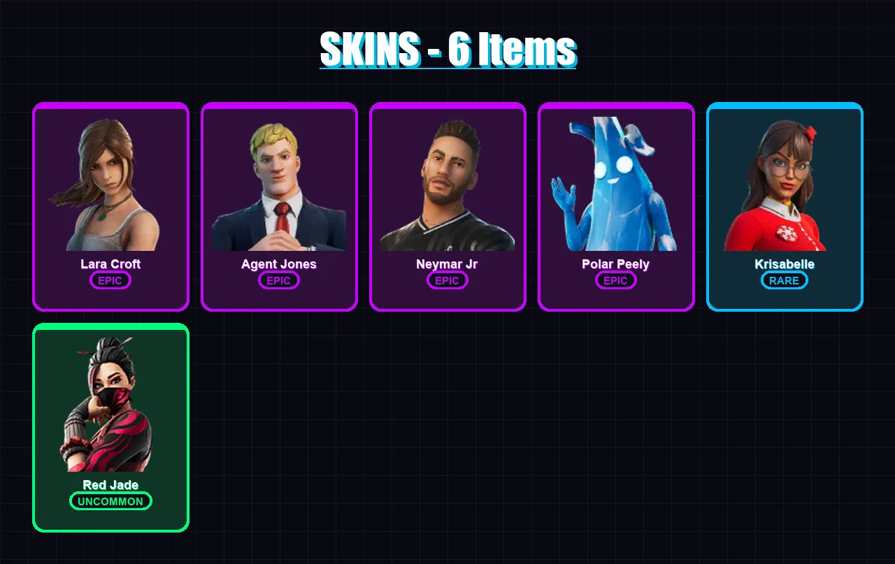[PC/XBOX/PSN] | Lara Croft | Agent Jones | Neymar Jr | Polar Peely | Krisabelle | 6 skin | 7 pickaxe | 5 emote | 6 glider | Lv47