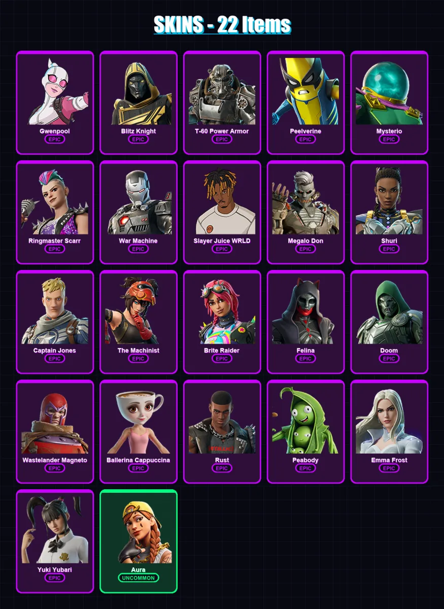 [SWITCH/XBOX/PSN/PC] | Gwenpool | Blitz Knight | T-60 Power Armor | Peelverine | Mysterio | 22 skin | 60 pickaxe | 33 emote | 47 glider | Lv743