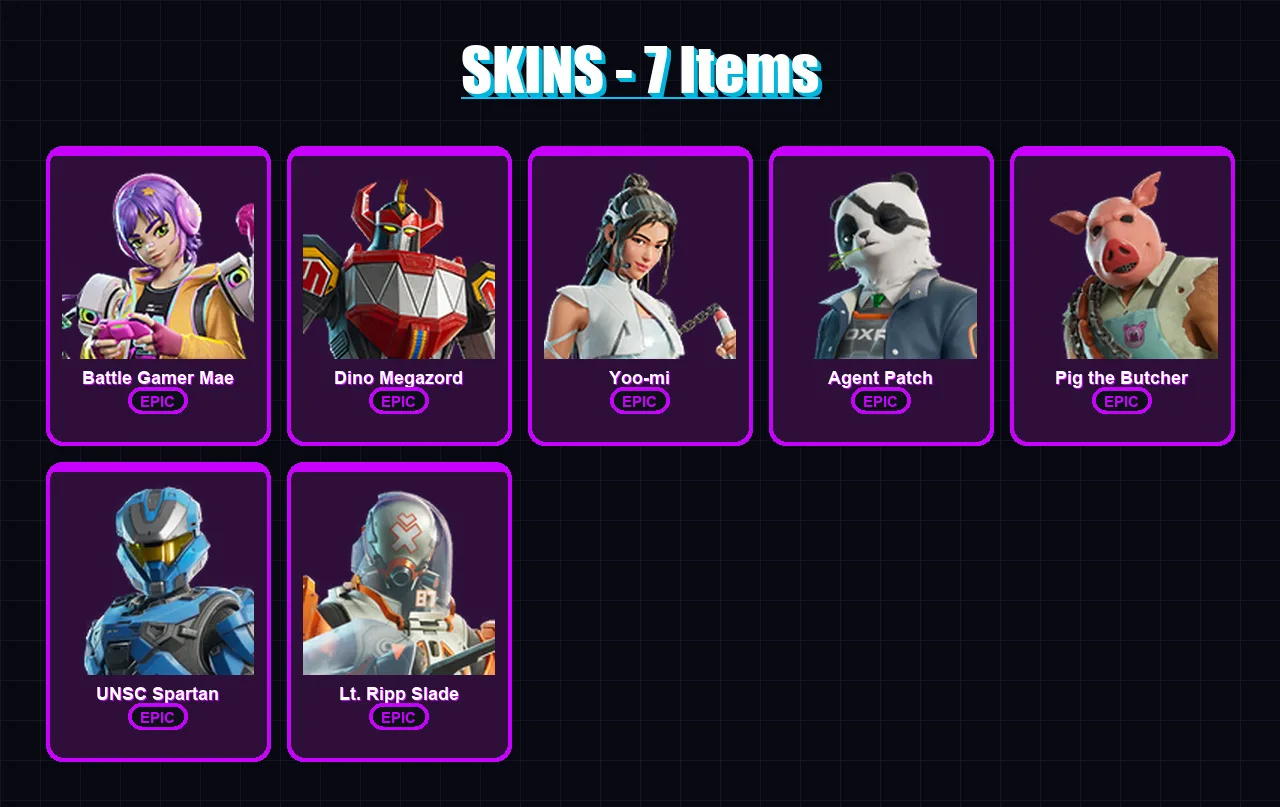 [PC/XBOX/PSN] | Battle Gamer Mae | Dino Megazord | Yoo-mi | Agent Patch | Pig the Butcher | 7 skin | 14 pickaxe | 11 emote | 9 glider | Lv71