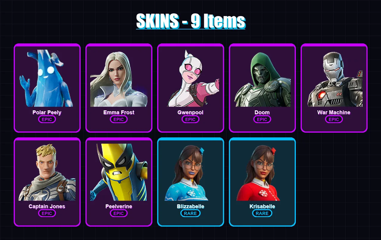 [PC/XBOX/PSN] | Polar Peely | Emma Frost | Gwenpool | Doom | War Machine | 9 skin | 20 pickaxe | 16 emote | 20 glider | Lv229