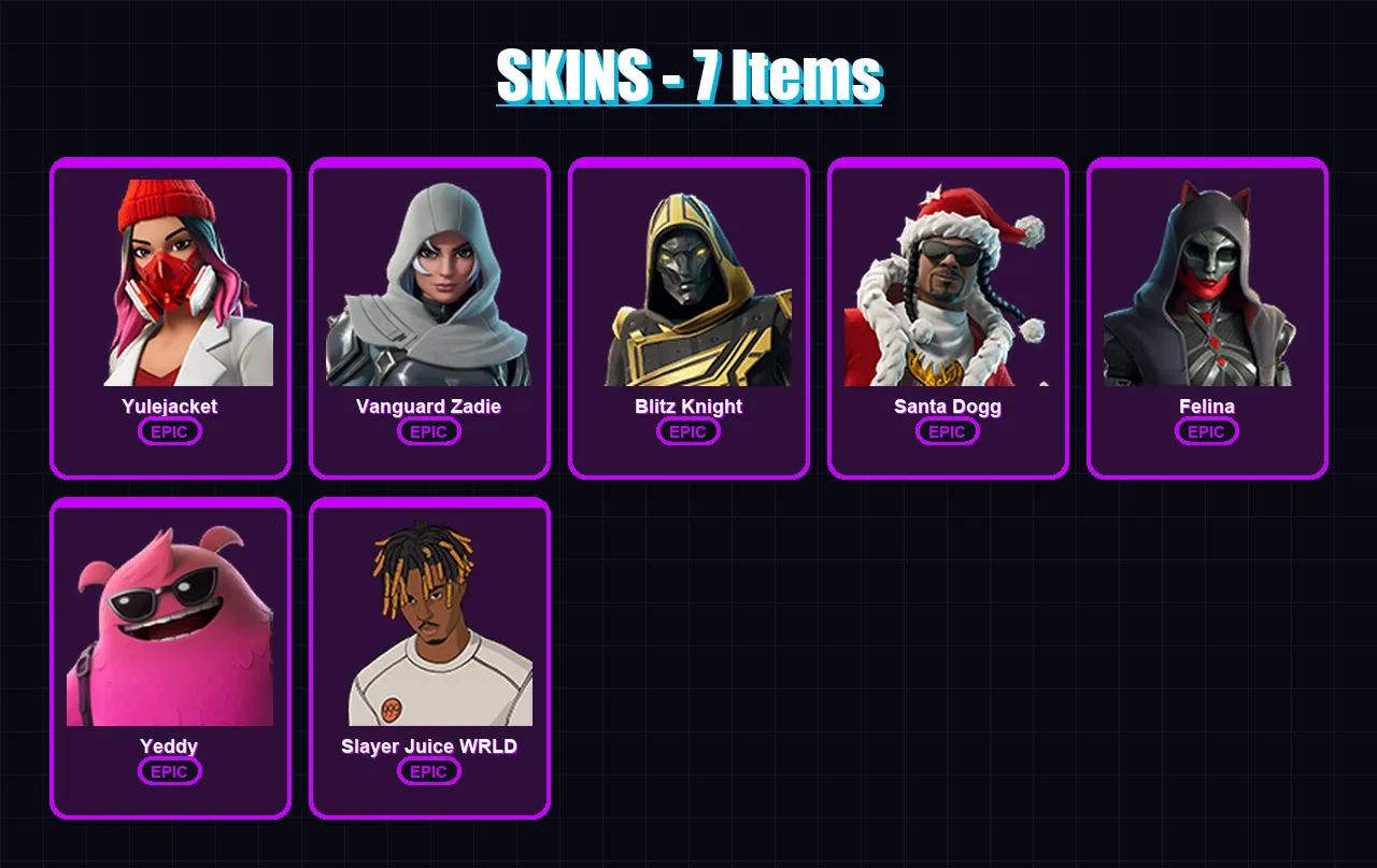 [PC/XBOX/PSN] | Yulejacket | Vanguard Zadie | Blitz Knight | Santa Dogg | Felina | 7 skin | 67 pickaxe | 30 emote | 40 glider | Lv569