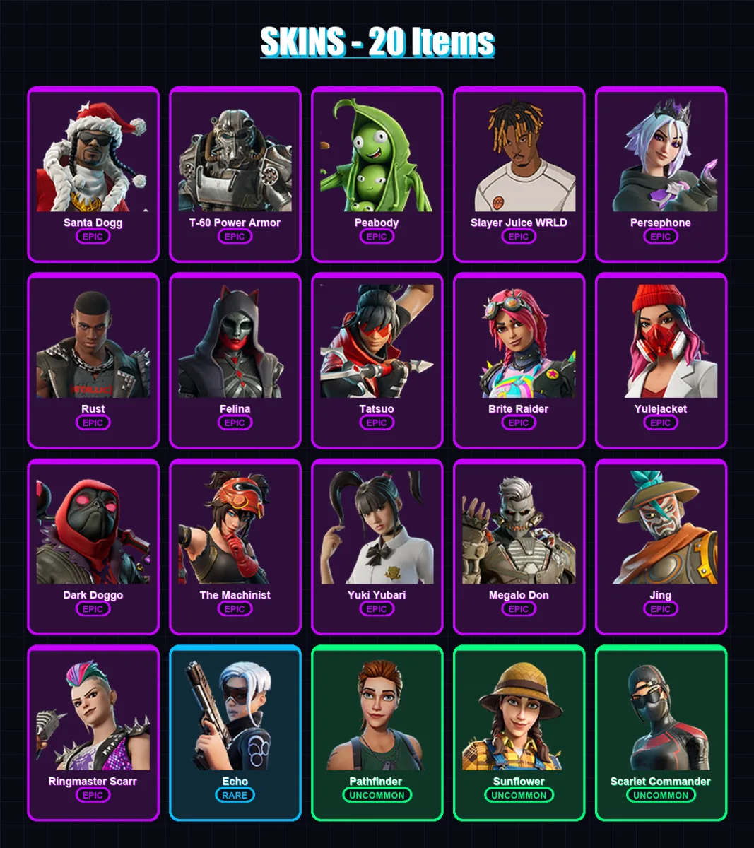 [PC/PSN] | Santa Dogg | T-60 Power Armor | Peabody | Slayer Juice WRLD | Persephone | 20 skin | 47 pickaxe | 19 emote | 25 glider | Lv448