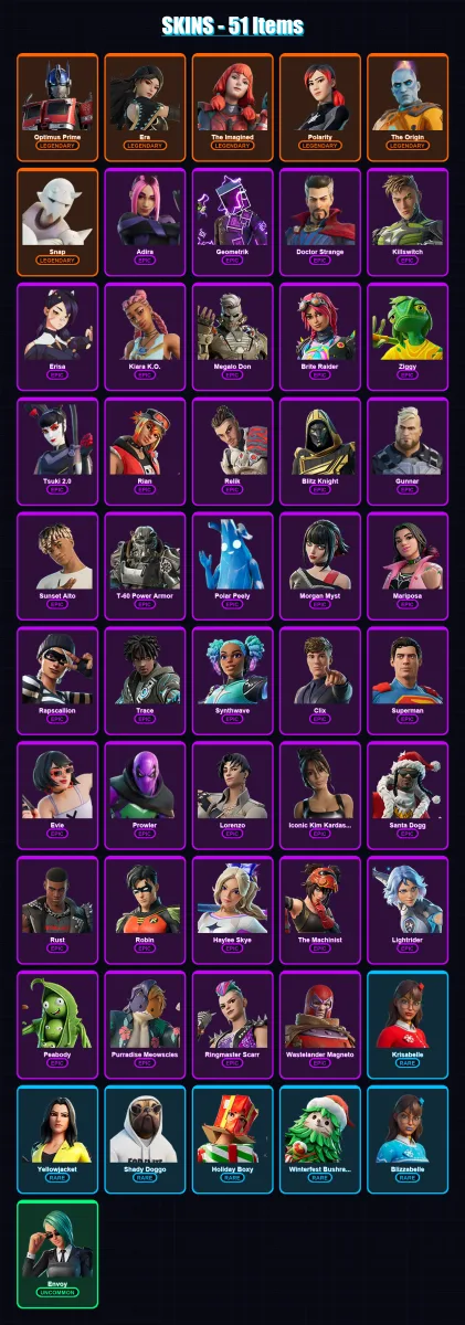 [PC/XBOX/PSN] | Optimus Prime | Era | The Imagined | Polarity | The Origin | 51 skin | 83 pickaxe | 52 emote | 79 glider | Lv1217