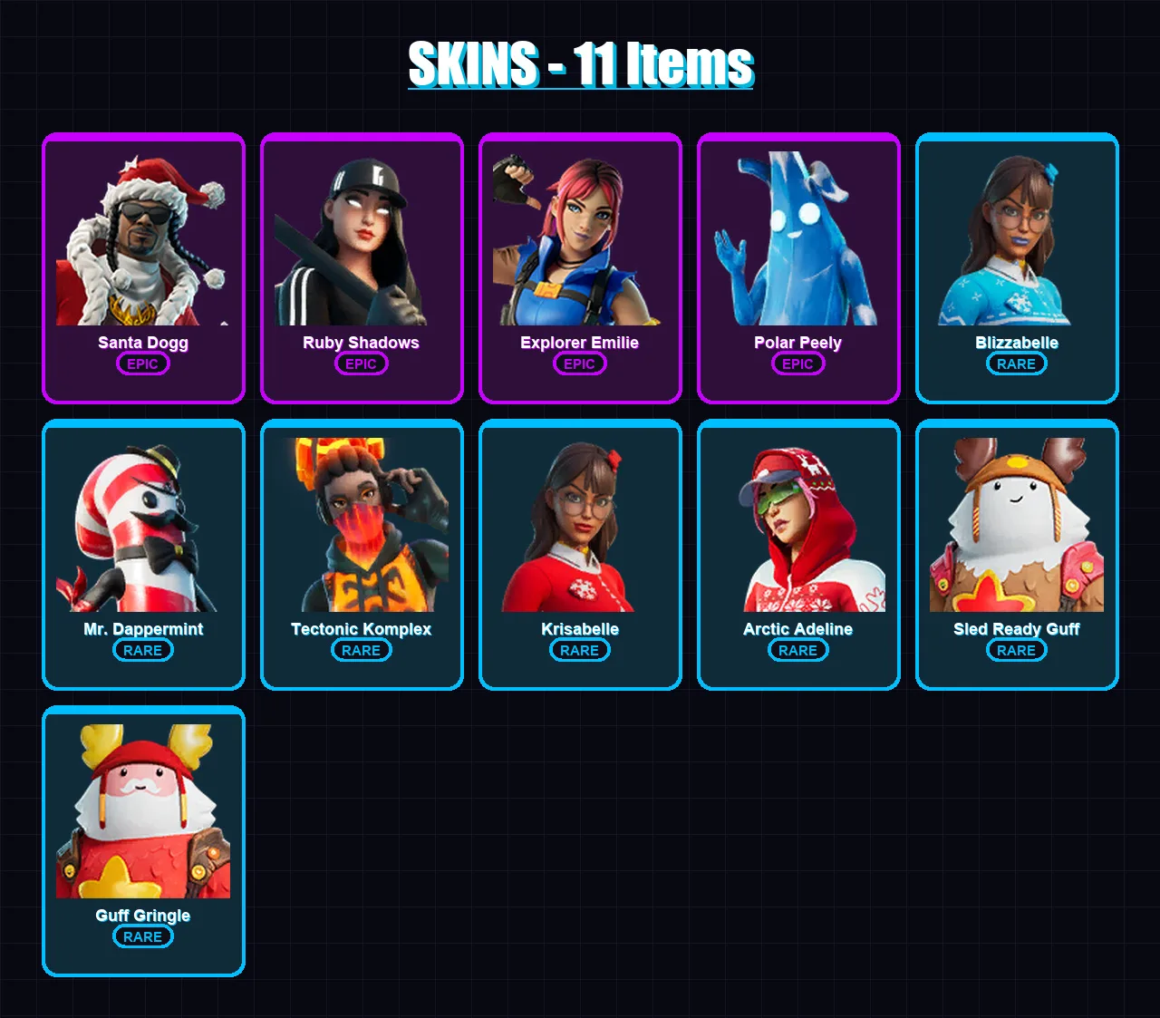 [PC/XBOX/PSN] | Santa Dogg | Ruby Shadows | Explorer Emilie | Polar Peely | Blizzabelle | 11 skin | 36 pickaxe | 31 emote | 31 glider | Lv635