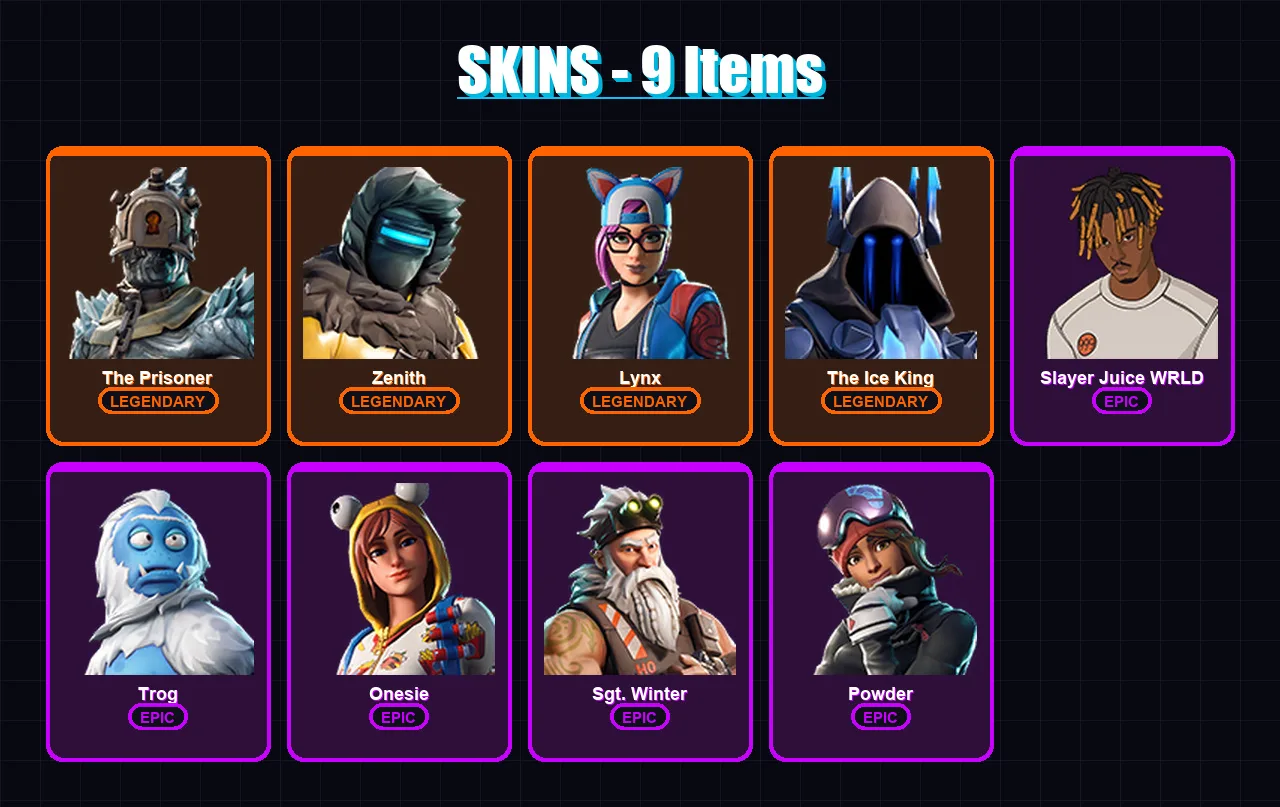 [PC/XBOX/PSN] | The Prisoner | Zenith | Lynx | The Ice King | Slayer Juice WRLD | 9 skin | 13 pickaxe | 14 emote | 13 glider | Lv176