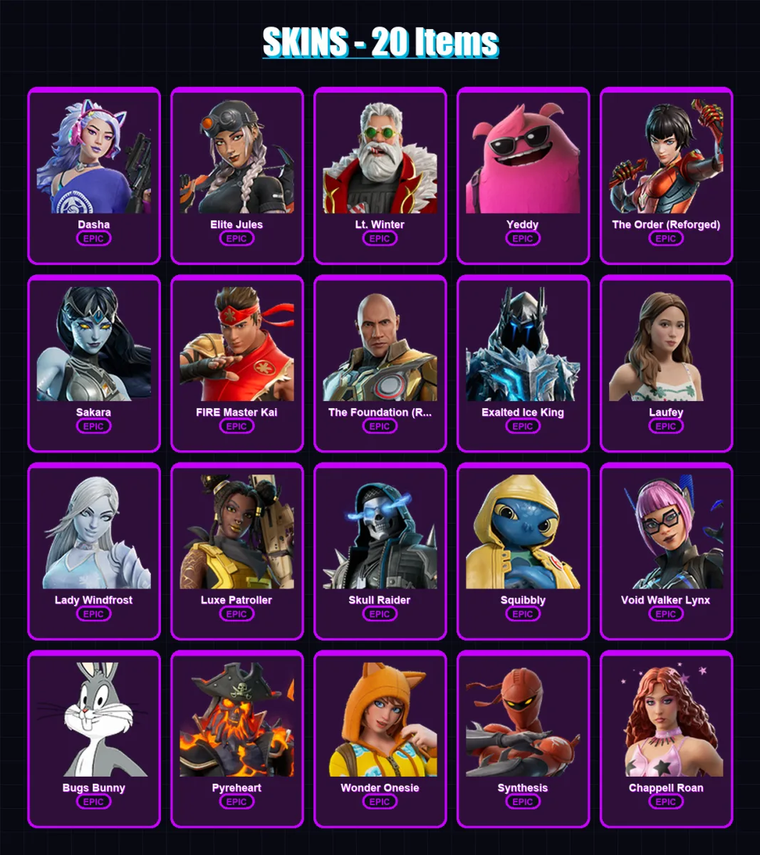 [PC/XBOX/PSN] | Dasha | Elite Jules | Lt. Winter | Yeddy | The Order (Reforged) | 20 skin | 32 pickaxe | 18 emote | 16 glider | Lv437