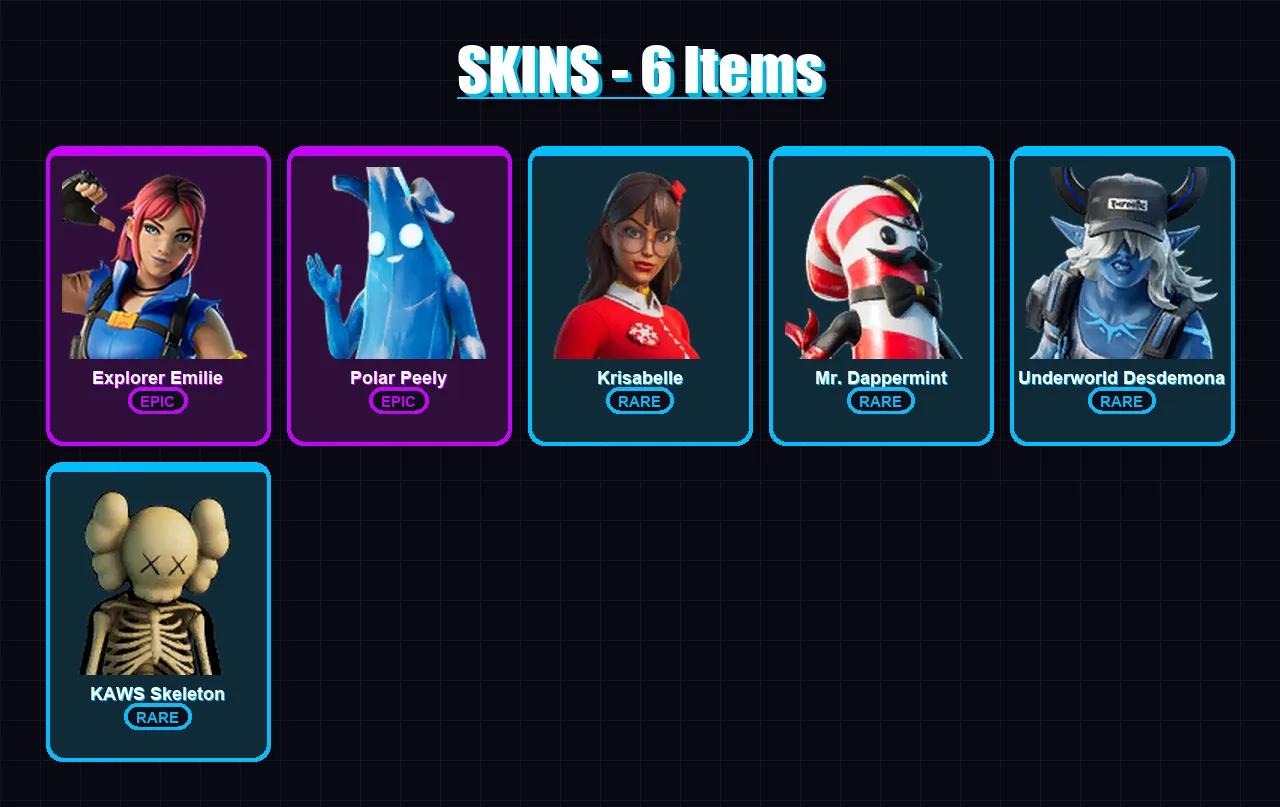 [PC/XBOX/PSN] | Explorer Emilie | Polar Peely | Krisabelle | Mr. Dappermint | Underworld Desdemona | 6 skin | 10 pickaxe | 6 emote | 9 glider | Lv15