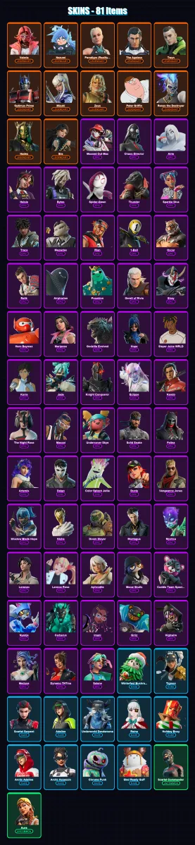 [PC] | Valeria | Nezumi | Paradigm (Reality-659) | The Ageless | Twyn | 81 skin | 105 pickaxe | 108 emote | 85 glider | Lv1251