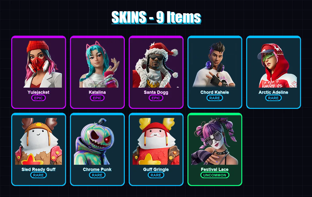 [PC/XBOX/PSN] | Yulejacket | Katalina | Santa Dogg | Chord Kahele | Arctic Adeline | 9 skin | 27 pickaxe | 16 emote | 22 glider | Lv411