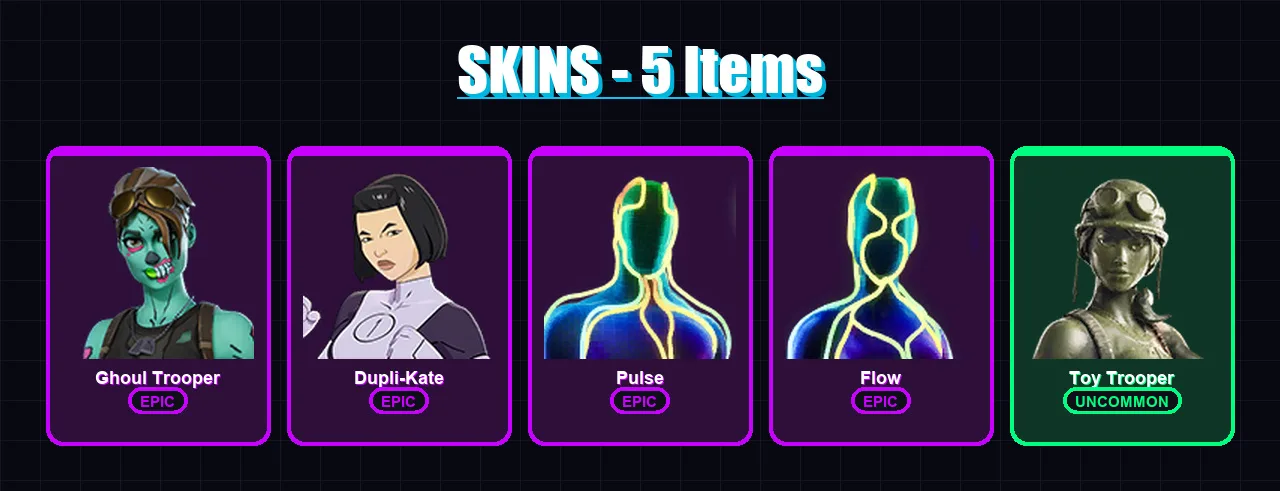 [PC/XBOX/PSN] | Ghoul Trooper | Dupli-Kate | Pulse | Flow | Toy Trooper | 5 skin | 14 pickaxe | 15 emote | 10 glider | Lv104