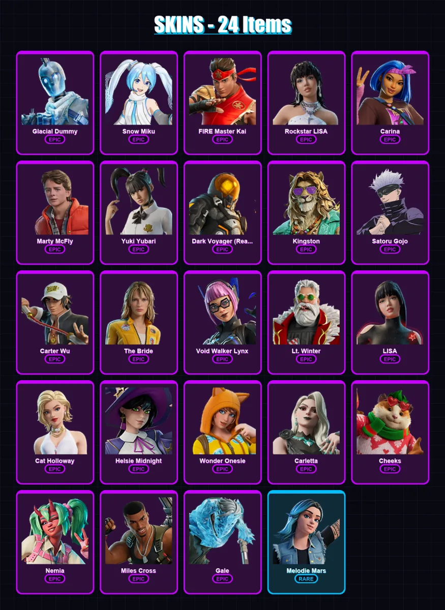 [PC/XBOX/PSN] | Glacial Dummy | Snow Miku | FIRE Master Kai | Rockstar LISA | Carina | 24 skin | 33 pickaxe | 21 emote | 21 glider | Lv228