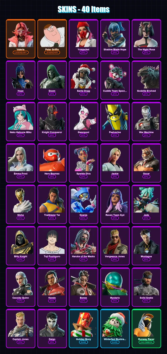 [PS4/PS5/XBOX/PC] | Valeria | Peter Griffin | Yulejacket | Shadow Blade Hope | The Night Rose | 40 skin | 68 pickaxe | 48 emote | 53 glider | Lv799