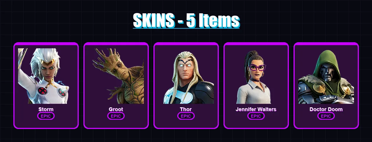 [PS4/PS5/XBOX/PC] | Storm | Groot | Thor | Jennifer Walters | Doctor Doom | 5 skin | 8 pickaxe | 6 emote | 8 glider | Lv121