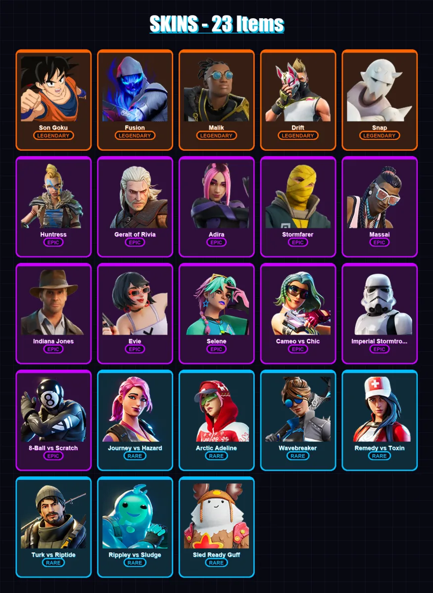 [PC/XBOX/PSN] | Son Goku | Fusion | Malik | Drift | Snap | 23 skin | 31 pickaxe | 31 emote | 32 glider | Lv409 — Fortnite account