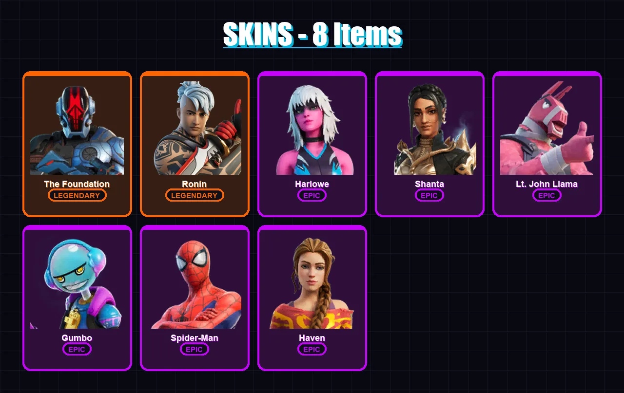 [PS4/PS5/XBOX/PC] | The Foundation | Ronin | Harlowe | Shanta | Lt. John Llama | 8 skin | 9 pickaxe | 10 emote | 10 glider | Lv152