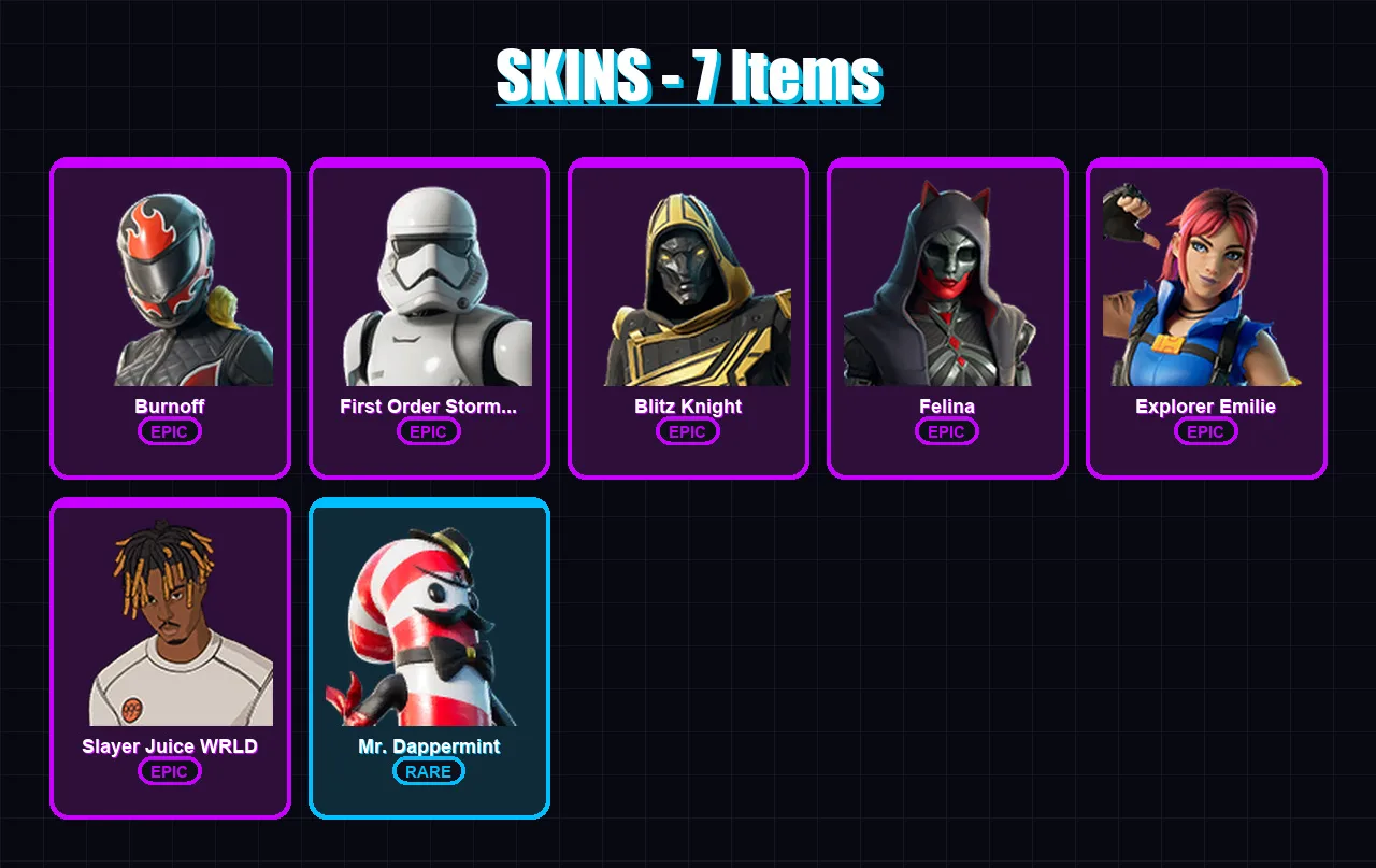 [PC/XBOX/PSN] | Burnoff | First Order Stormtrooper | Blitz Knight | Felina | Explorer Emilie | 7 skin | 37 pickaxe | 16 emote | 29 glider | Lv372