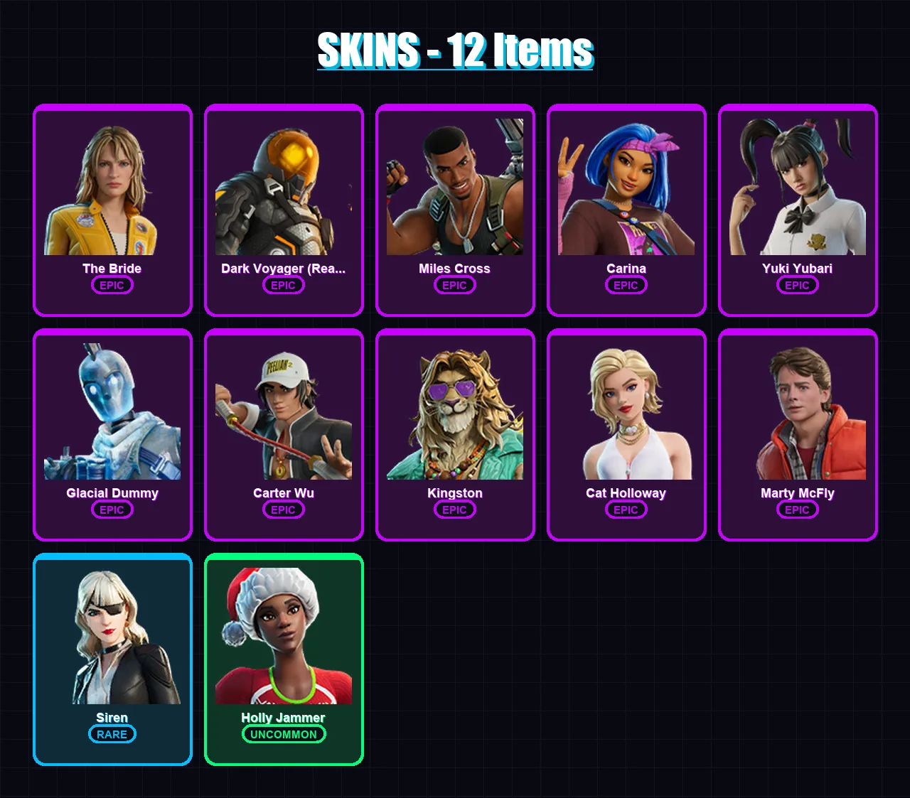 [PC/XBOX/PSN] | The Bride | Dark Voyager (Reality Redacted) | Miles Cross | Carina | Yuki Yubari | 12 skin | 29 pickaxe | 16 emote | 18 glider | Lv2