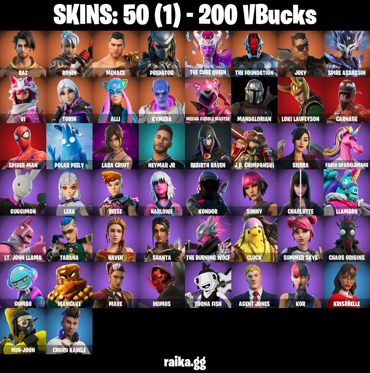 PC/PSN/XBOX 50 skins Lara Croft | Spider-Man | Raz | Ronin | Menace | Predator | The Cube Queen | The Foundation | Joey | 200 V-Bucks Fast Delivery — Fortnite account