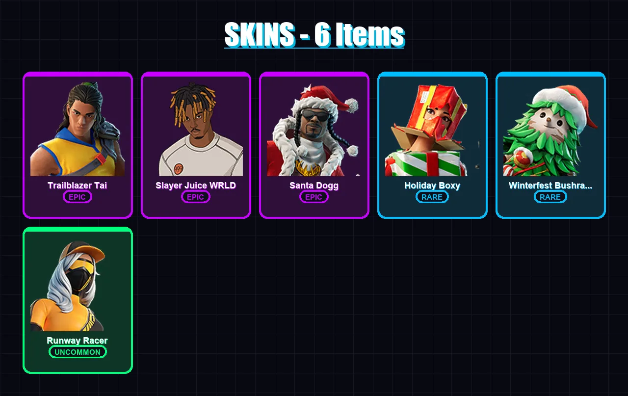 [PC/XBOX/PSN] | Trailblazer Tai | Slayer Juice WRLD | Santa Dogg | 6 skin | Lv410