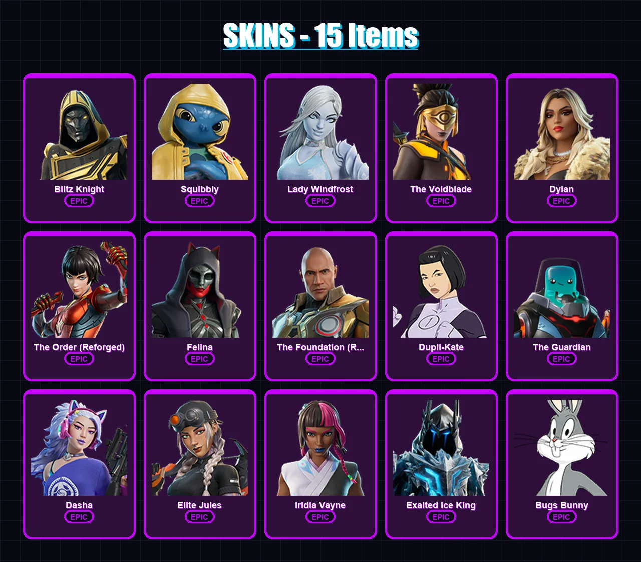 [PC/XBOX/PSN] | Blitz Knight | Squibbly | Lady Windfrost | The Voidblade | Dylan | 15 skin | 48 pickaxe | 19 emote | 33 glider | Lv327