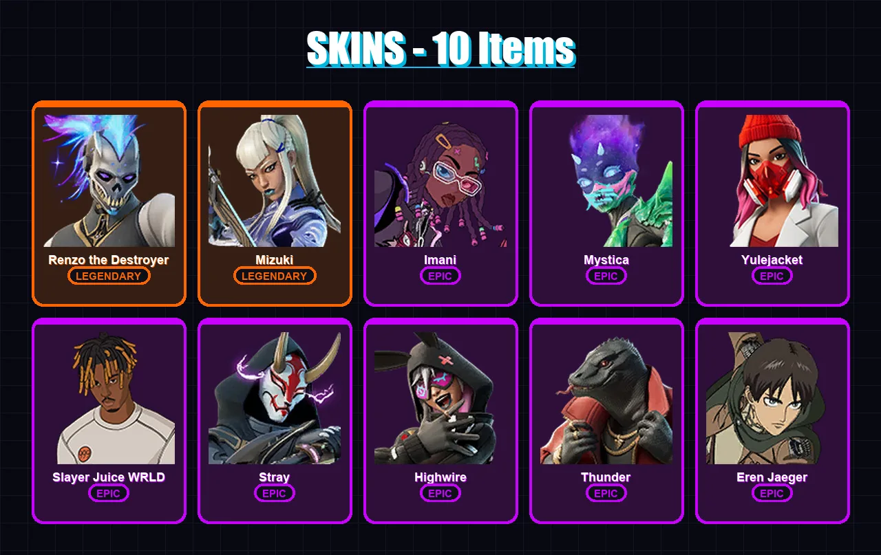 [PC/XBOX/PSN] | Renzo the Destroyer | Mizuki | Imani | Mystica | Yulejacket | 10 skin | 48 pickaxe | 24 emote | 26 glider | Lv395