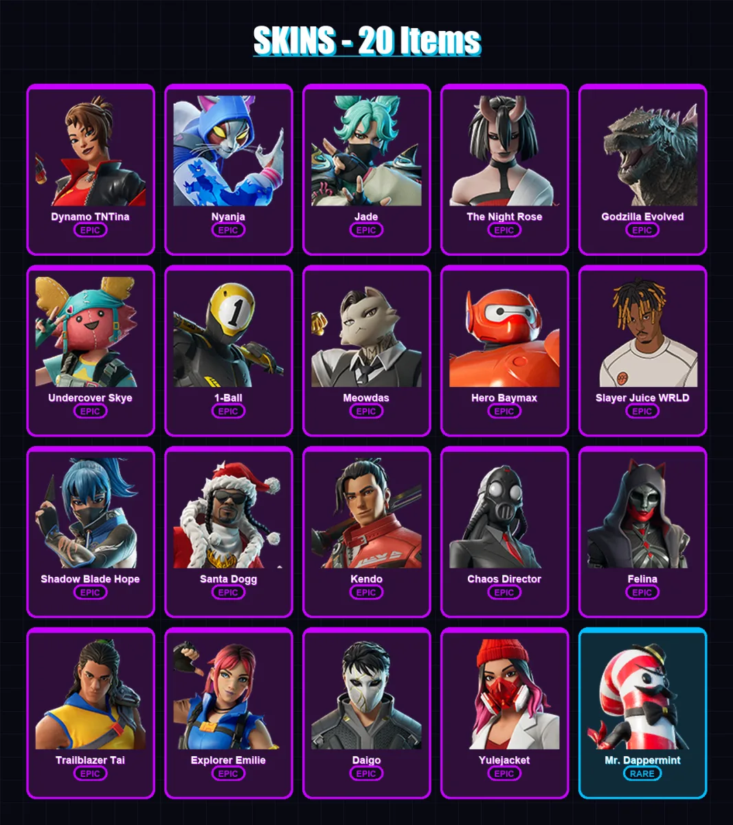 [PC/XBOX] | Dynamo TNTina | Nyanja | Jade | The Night Rose | Godzilla Evolved | 20 skin | 53 pickaxe | 31 emote | 39 glider | Lv1066