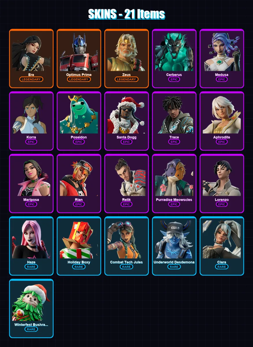 [PC/XBOX/PSN] | Era | Optimus Prime | Zeus | Cerberus | Medusa | 21 skin | 33 pickaxe | 19 emote | 27 glider | Lv353