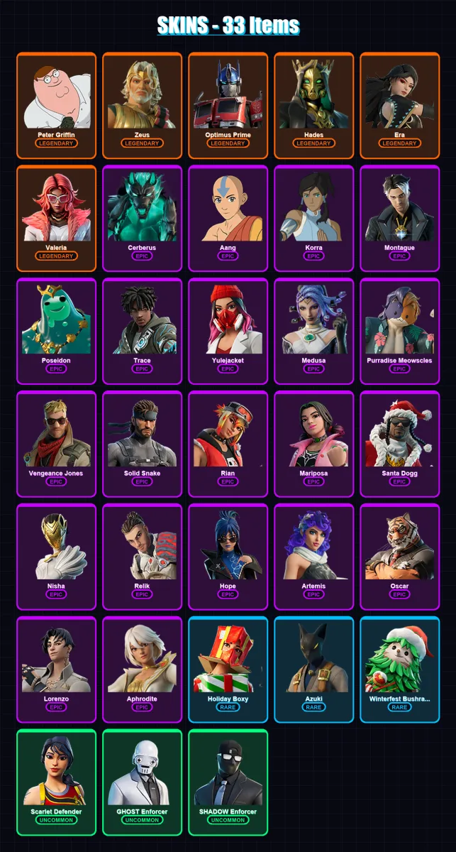 [PC/PSN] | Peter Griffin | Zeus | Optimus Prime | Hades | Era | 33 skin | 62 pickaxe | 47 emote | 52 glider | Lv1232