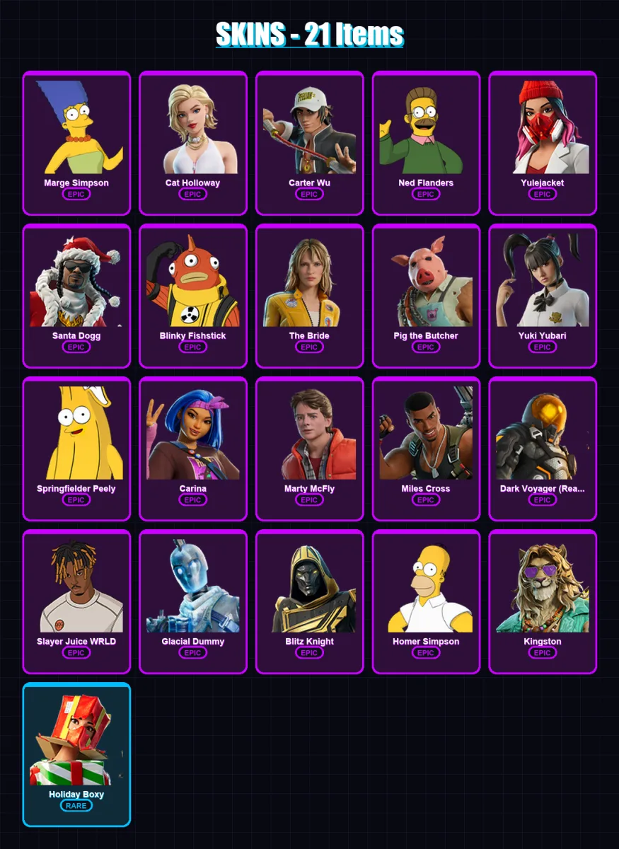 [PC/XBOX/PSN] | Marge Simpson | Cat Holloway | Carter Wu | Ned Flanders | Yulejacket | 21 skin | 72 pickaxe | 29 emote | 44 glider | Lv681