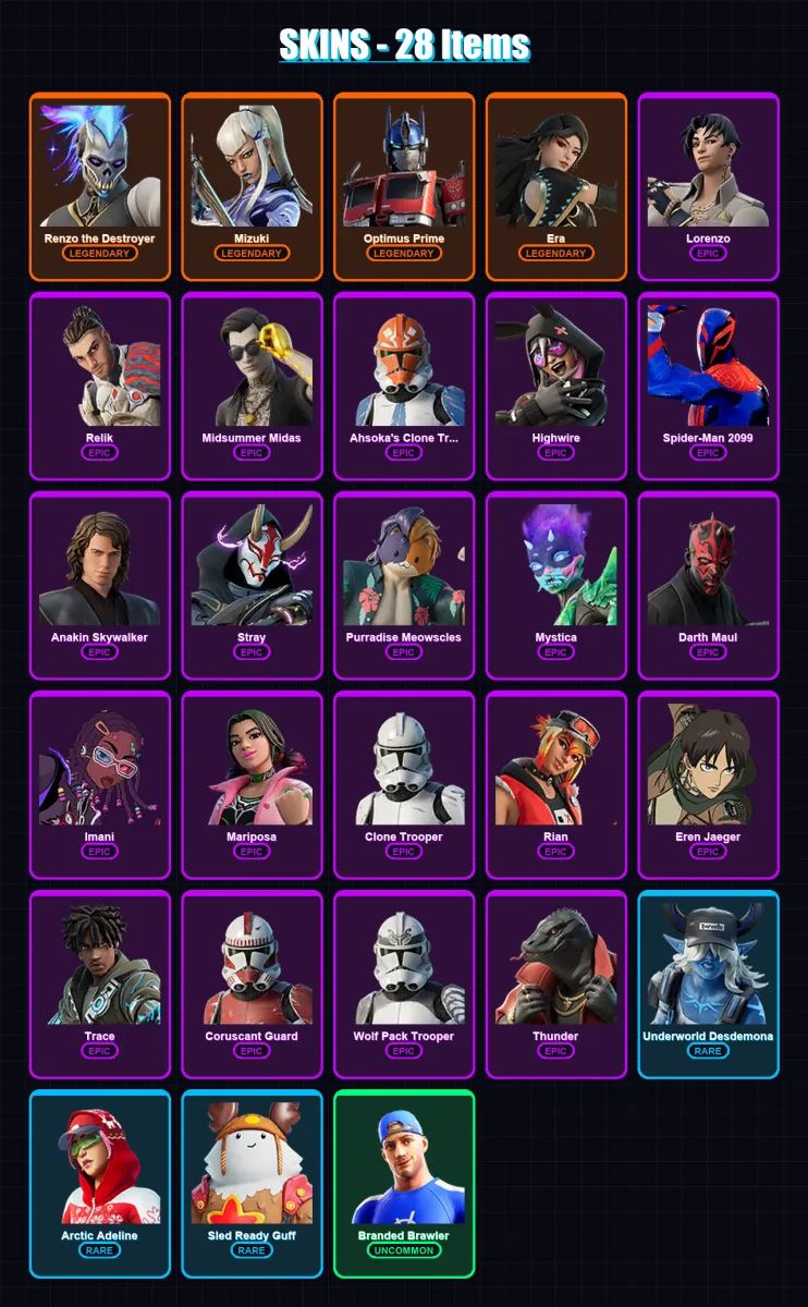 [PC/PSN] | Renzo the Destroyer | Mizuki | Optimus Prime | Era | Lorenzo | 28 skin | 47 pickaxe | 37 emote | 39 glider | Lv963