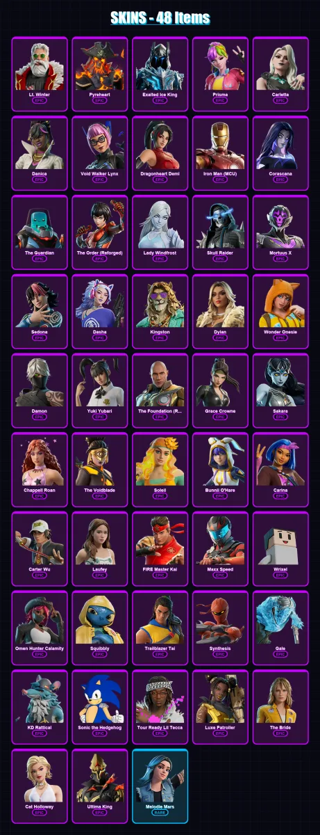 [PC/XBOX/PSN] | Lt. Winter | Pyreheart | Exalted Ice King | Prisma | Carletta | 48 skin | 51 pickaxe | 28 emote | 27 glider | Lv203